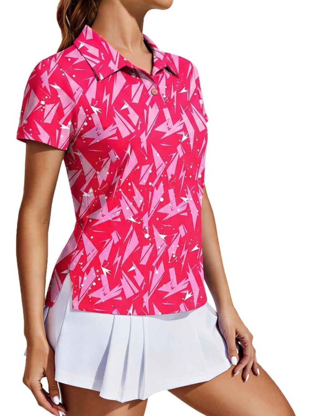Womens Geometry Pink Golf Shirt UPF50+ Polo Short Sleeve 3 Button Tennis Top